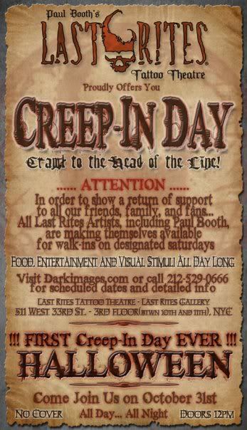 Last Rites Tattoo Theatre presents its first ever Creep-In Day on Halloween!